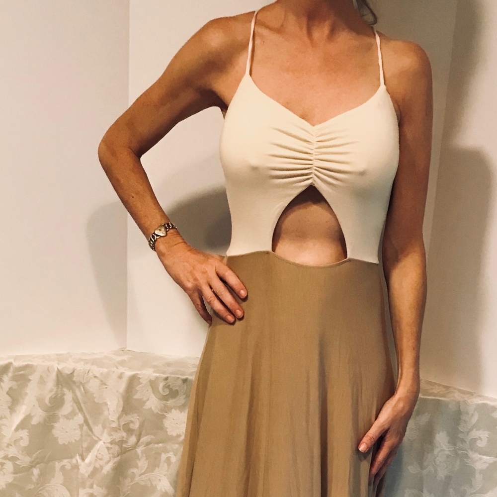 cream and tan maxi dress open back